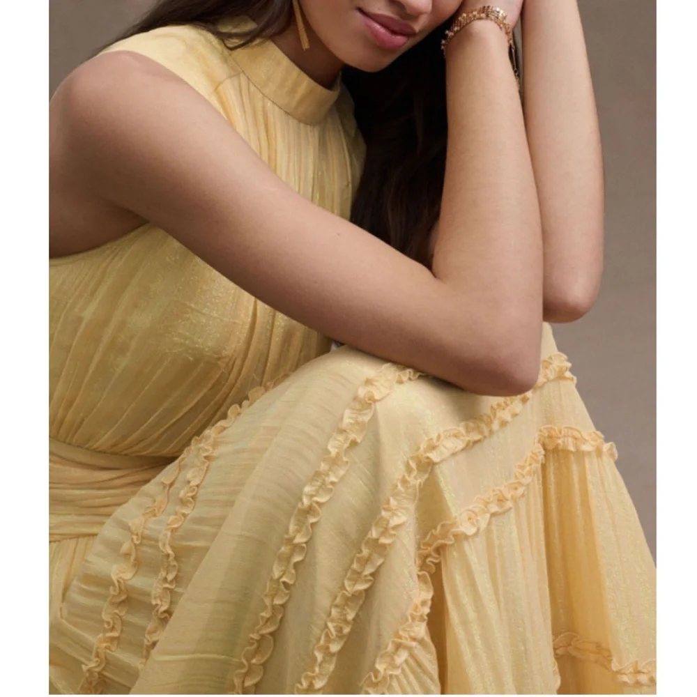 BHLDN Juniper Metallic Tiered Gown Light Yellow | Sz 6 - Picture 4 of 4
